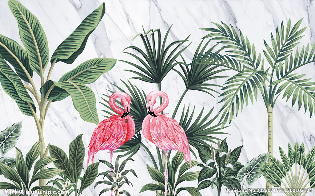 热带植物叶子情侣火烈鸟壁画