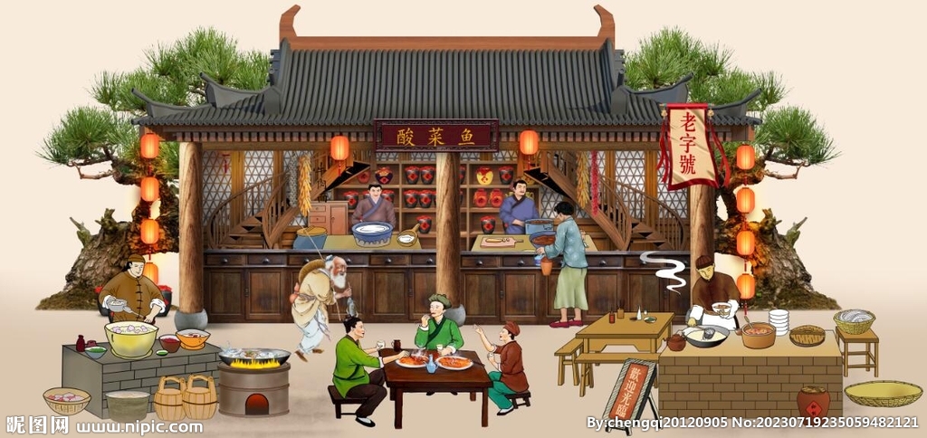 古代市井酸菜鱼背景墙壁画