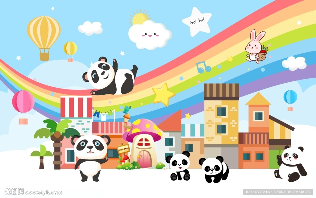 卡通熊猫儿童背景墙图片