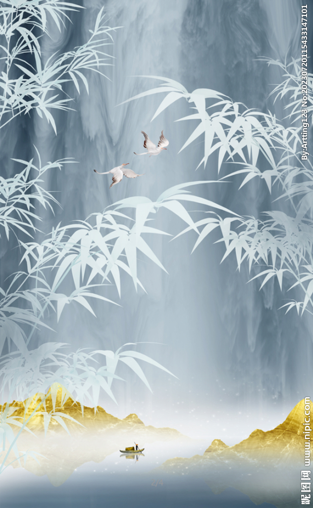 流水生财瀑布壁画