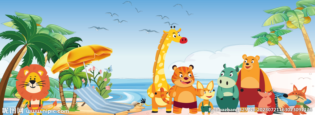卡通动物沙滩海景