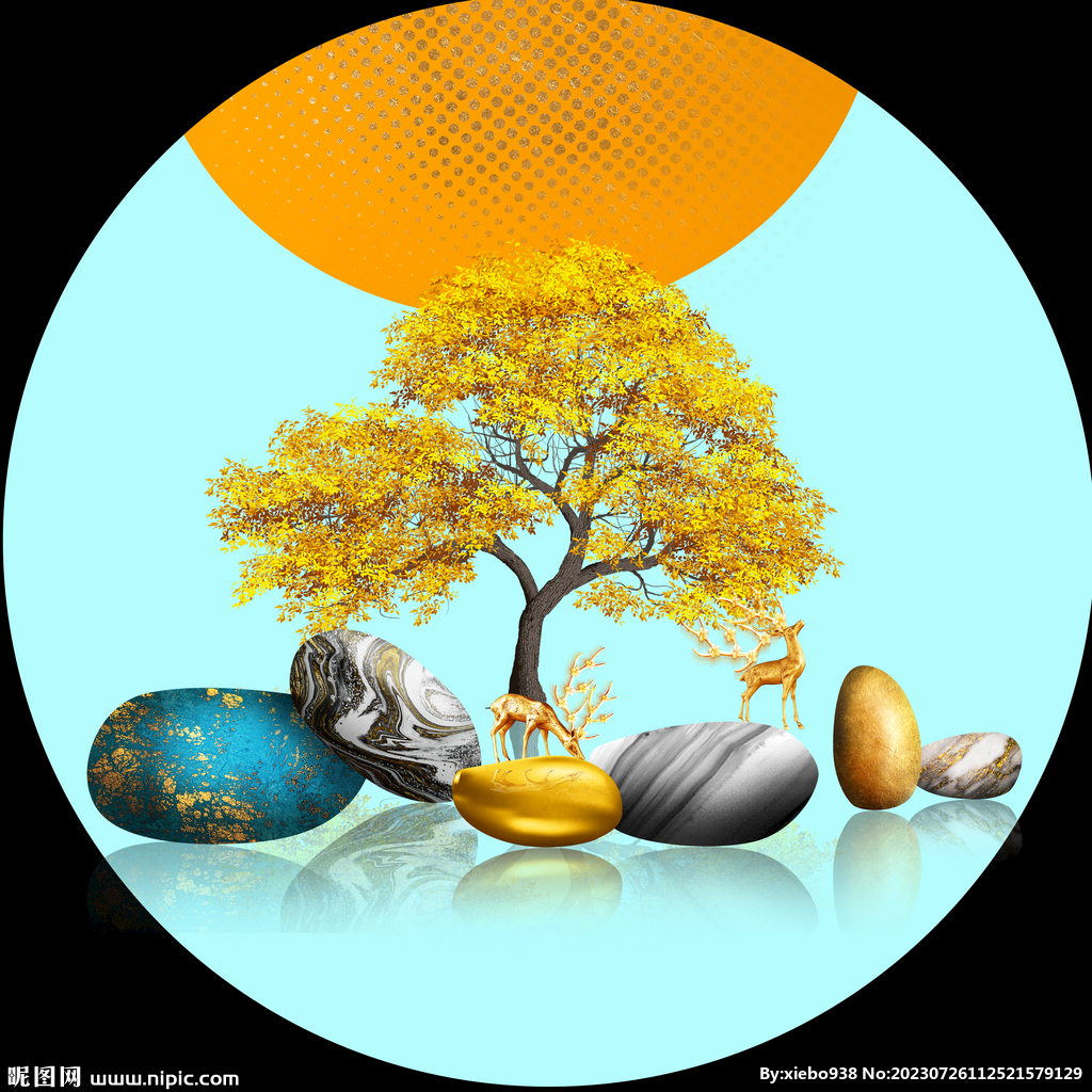 湖畔发财树石头圆形挂画装饰画