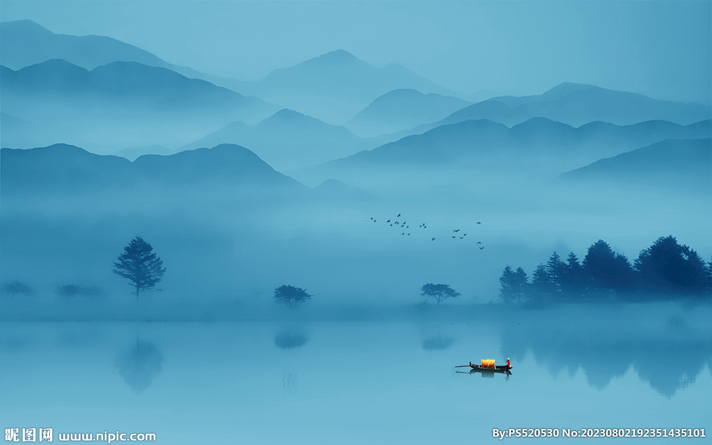 空灵意境山水风景蓝色写意背景墙