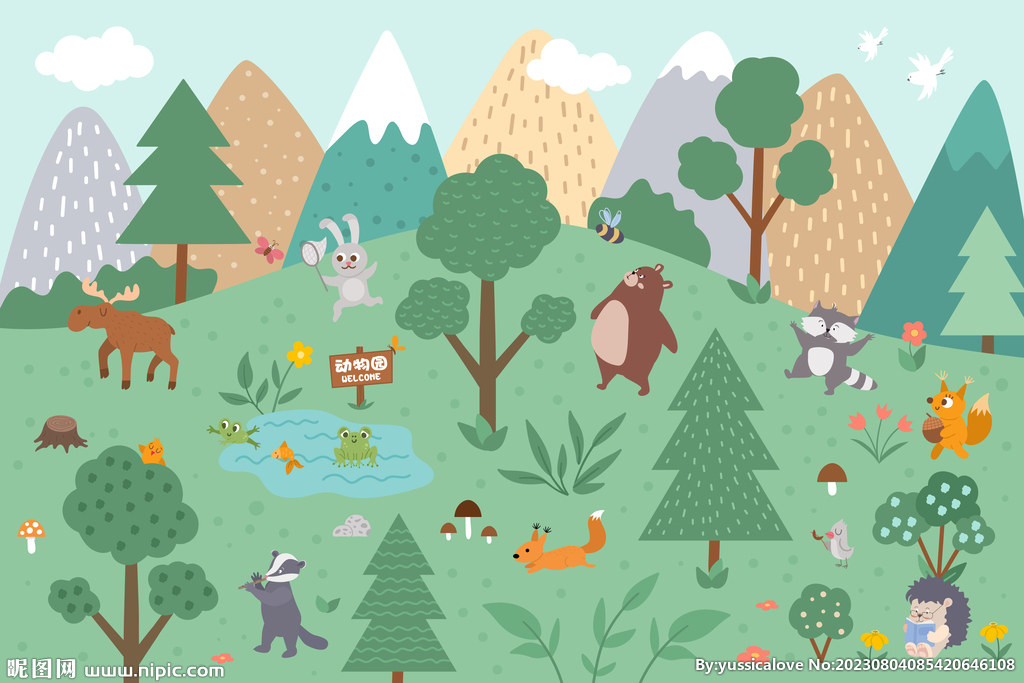 卡通森林小动物手绘山峰儿童背景
