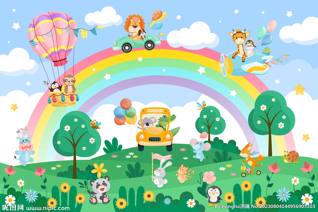 卡通彩虹气球森林小动物儿童背景