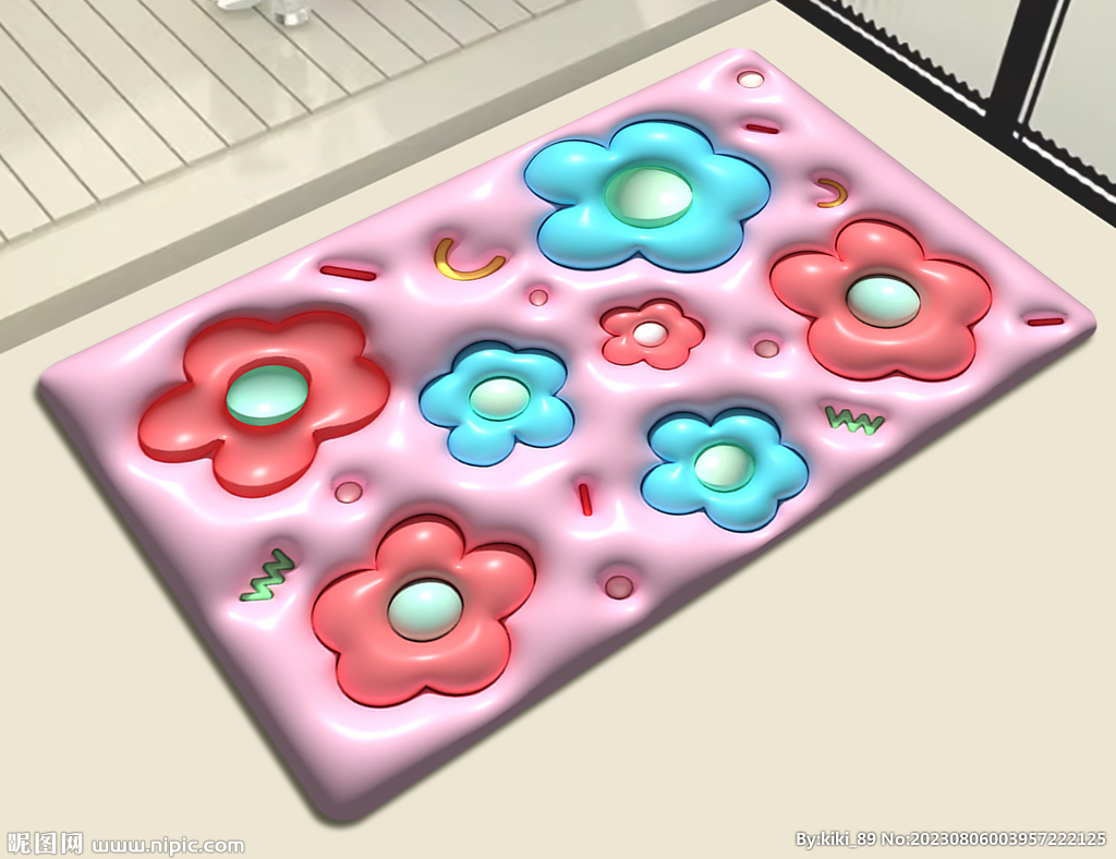 3D膨胀风粉色花朵地垫