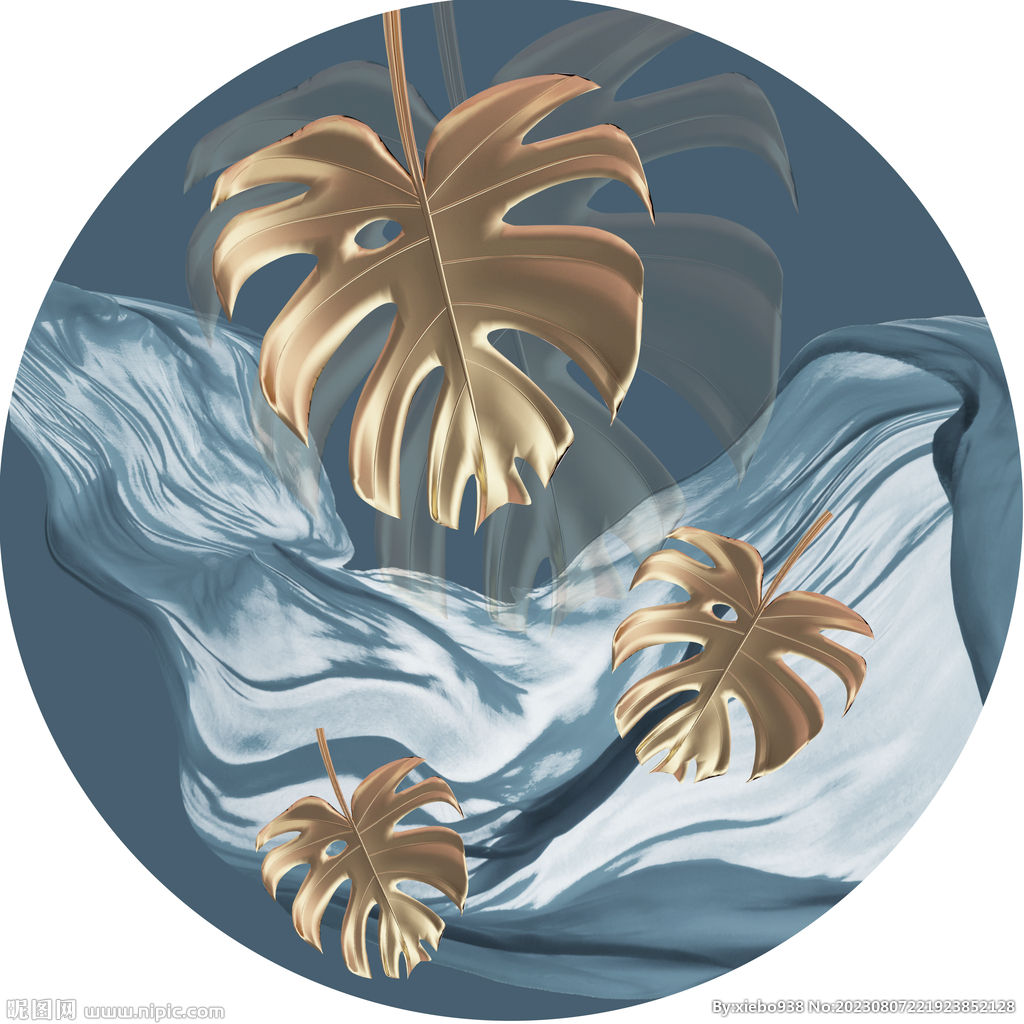水彩树叶绸布圆形挂画装饰画
