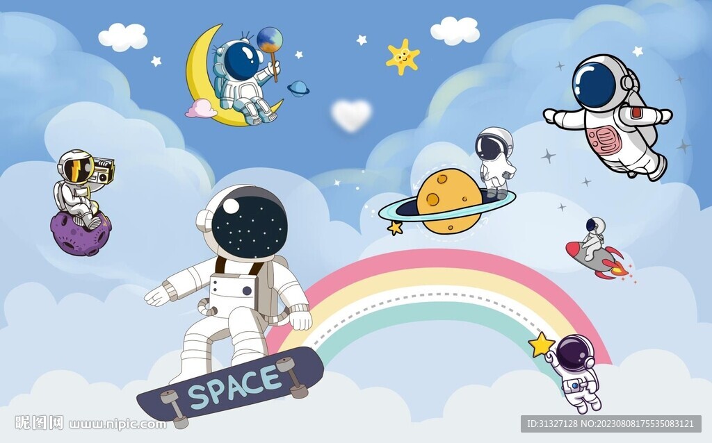 卡通云朵太空星球儿童背景墙