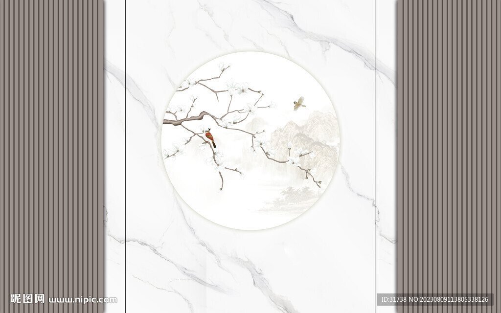 现代简约山水花鸟画背景墙