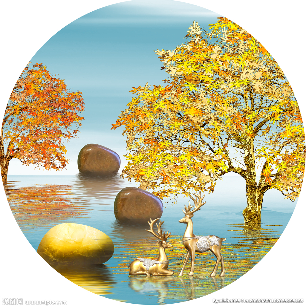 发财树麋鹿唯美圆形挂画装饰画