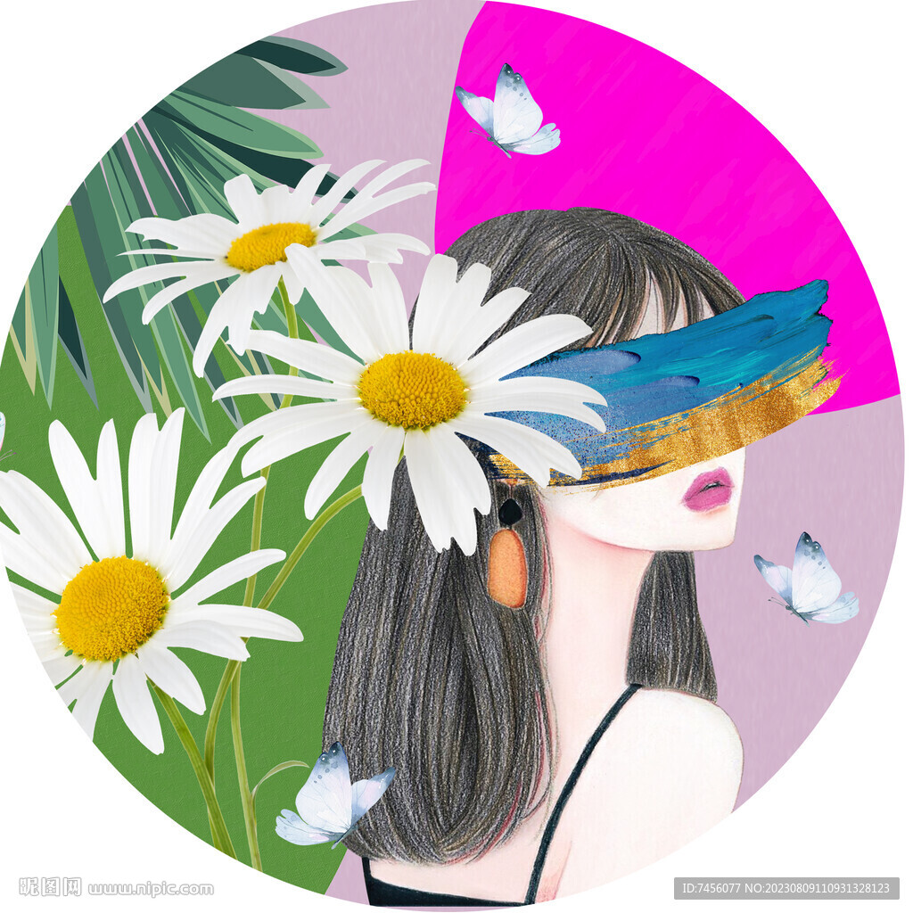 水彩菊花美女圆形挂画装饰画