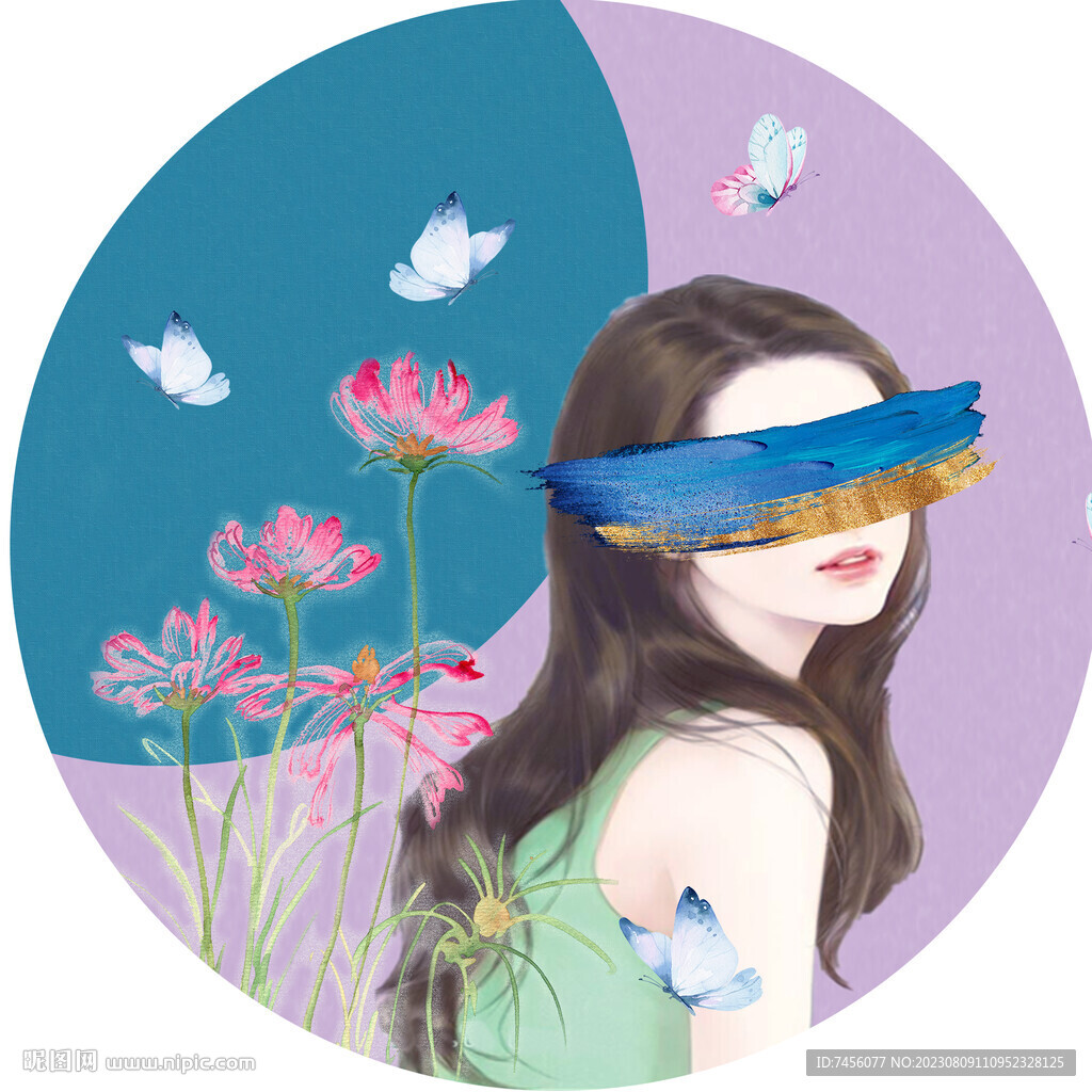 蝶恋花水彩美女圆形挂画装饰画