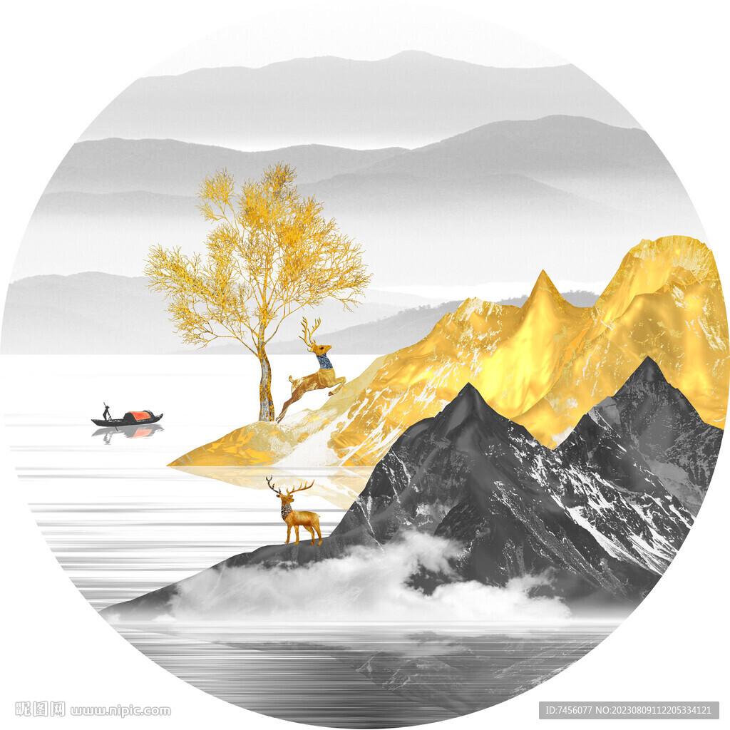 新中式山水湖畔圆形挂画装饰画