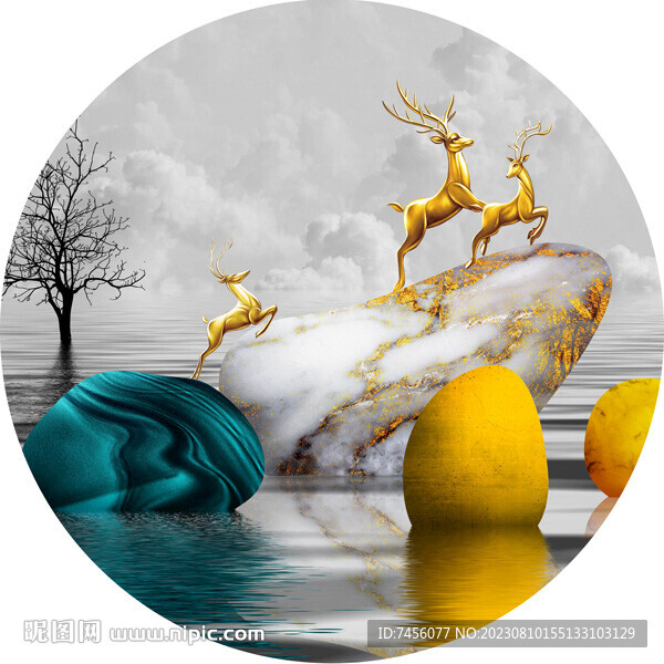 金色麋鹿石头湖畔挂画装饰画