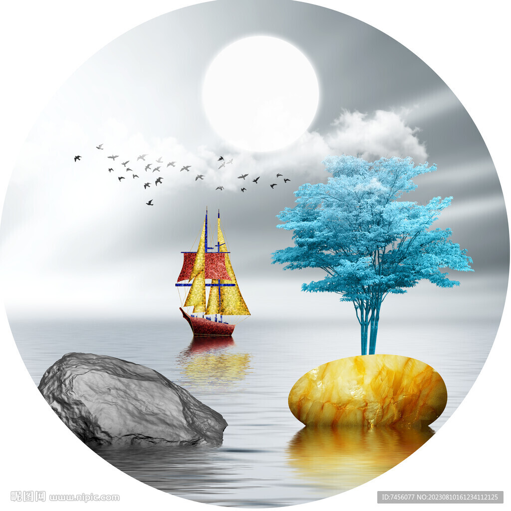 湖畔帆船水彩树挂画装饰画