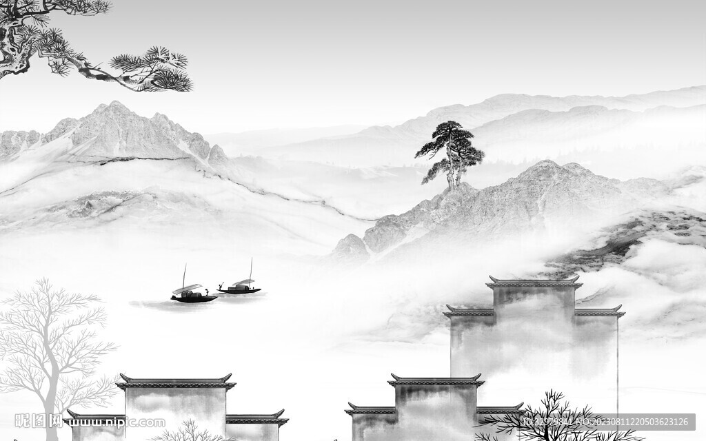 清晰 灰色中式山水 Tif分层