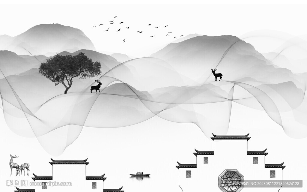 新传 灰色中式山水 Tif分层