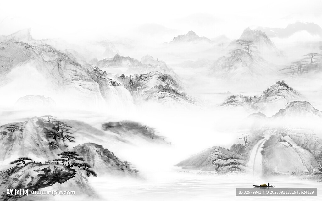 淡雅 清晰灰色山水 Tif分层