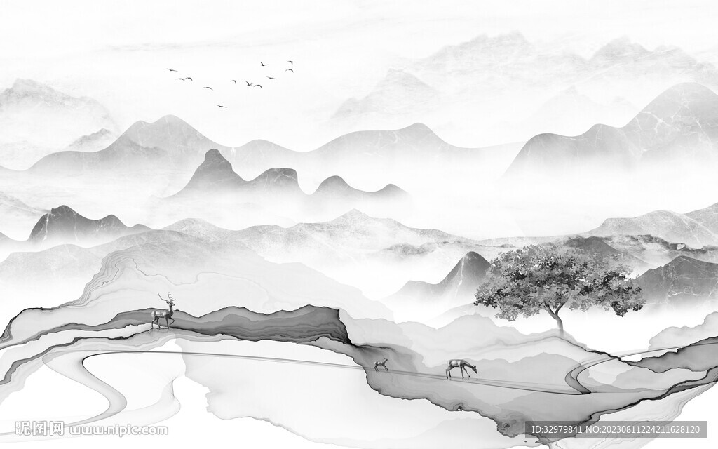 高档 清晰灰色山水 Tif分层