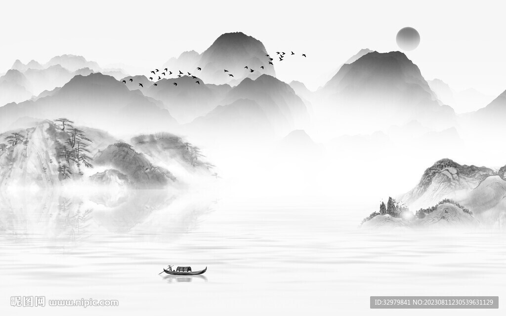 人气 灰色中式山水 Tif分层