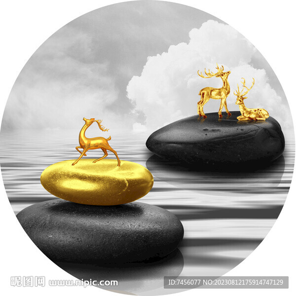 金色麋鹿湖畔圆形挂画装饰画