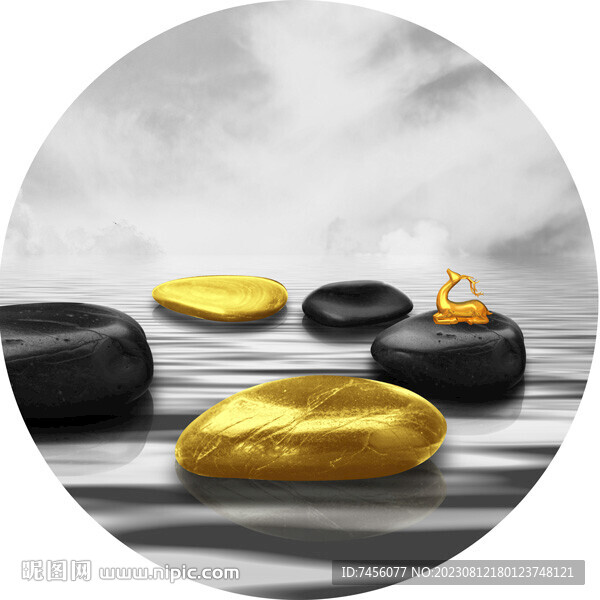 水墨湖畔鹅软石圆形挂画装饰画