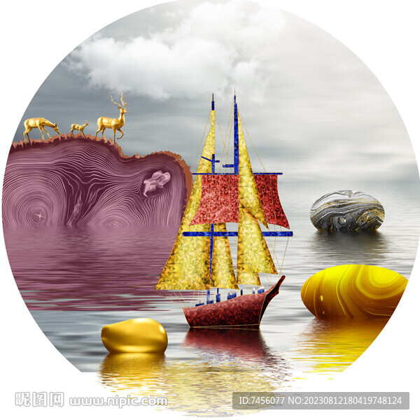 帆船麋鹿湖畔圆形挂画装饰画