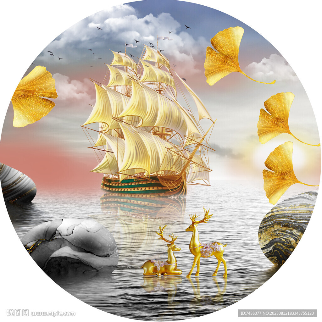 金色帆船湖畔美景圆形挂画装饰画