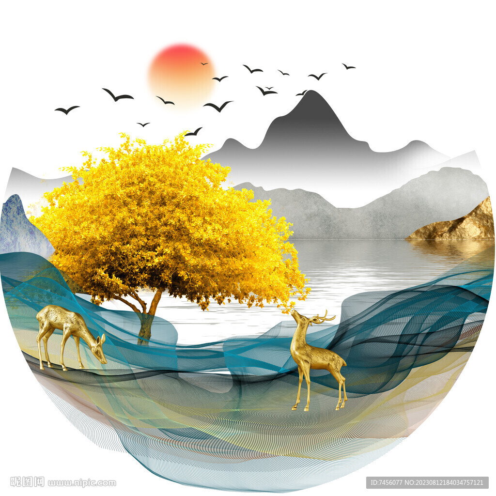 麋鹿发财树水墨圆形挂画装饰画