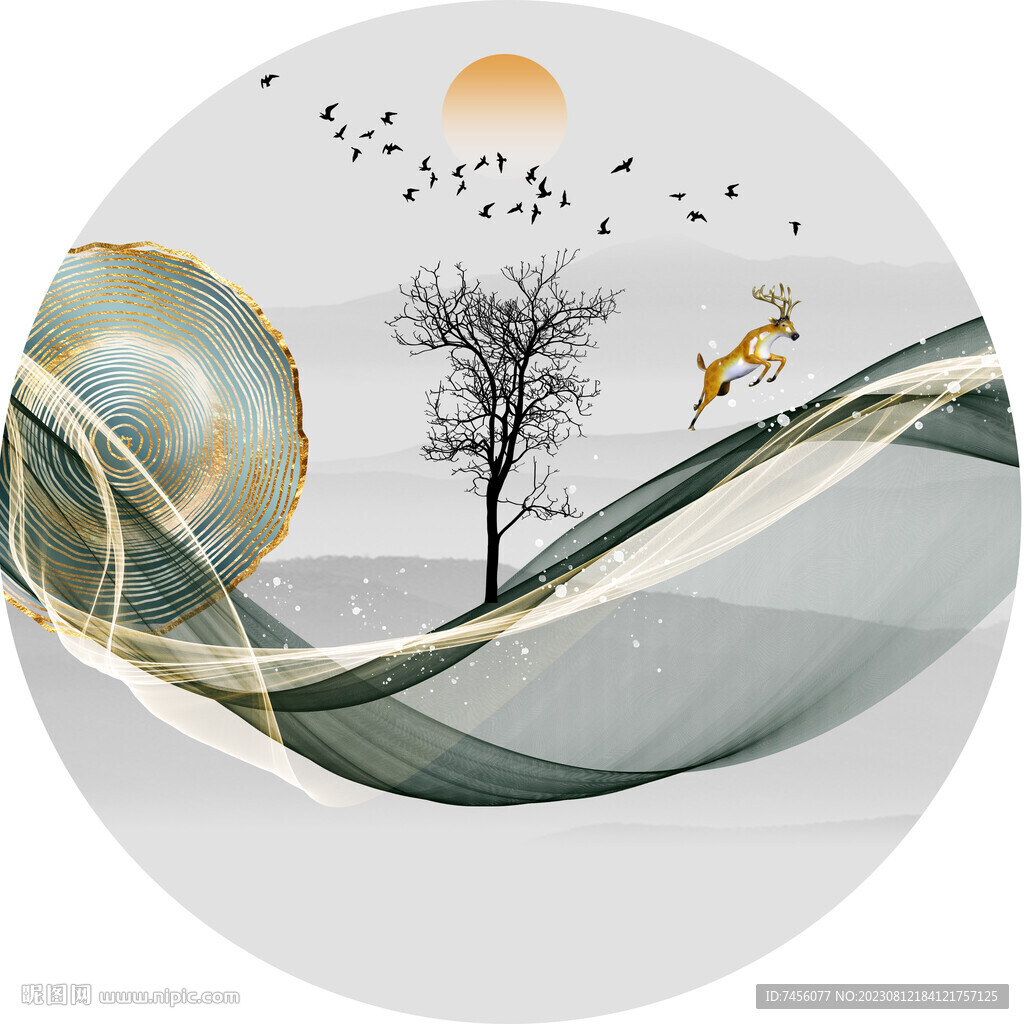 水墨湖畔美景圆形挂画装饰画