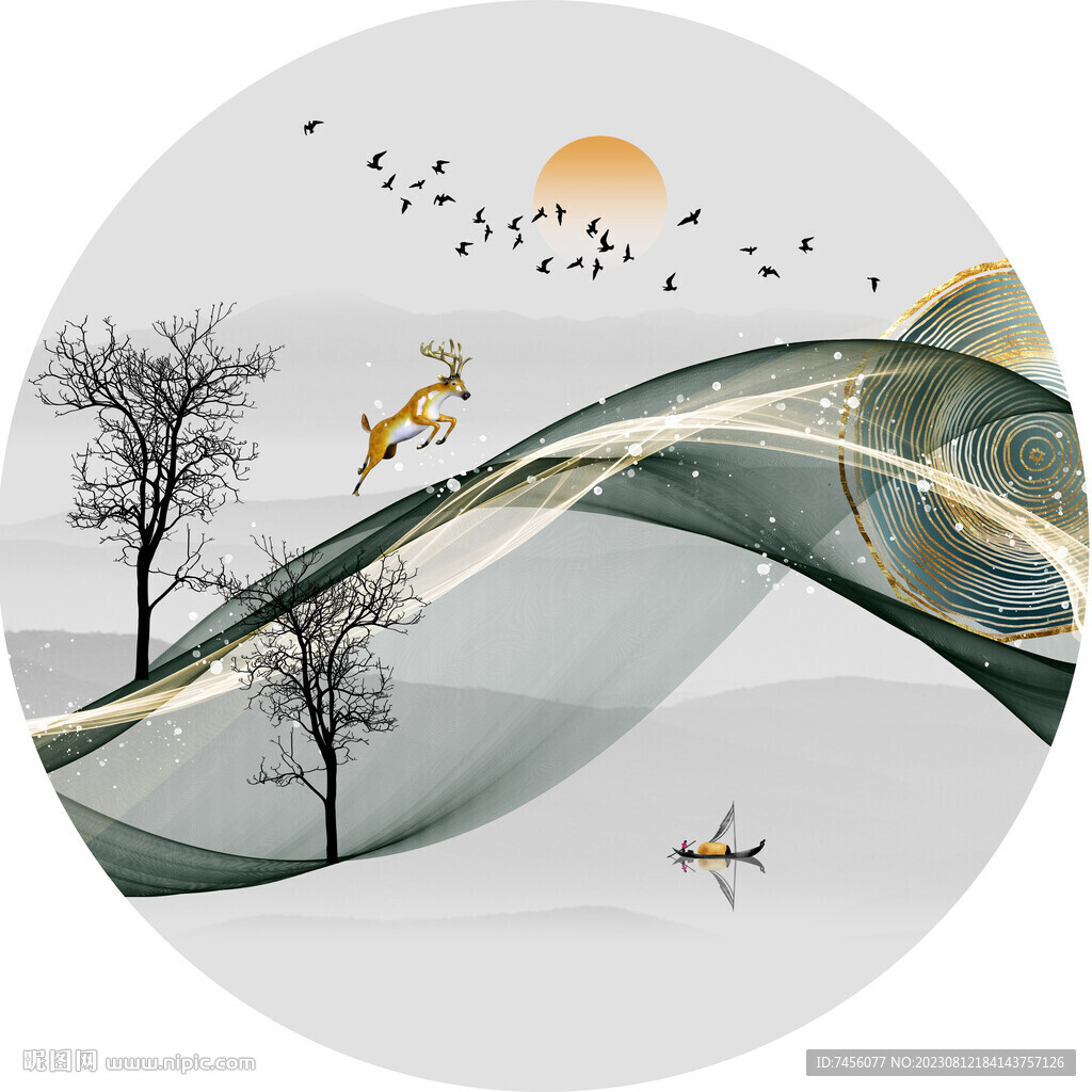 唯美水墨湖畔麋鹿圆形挂画装饰画