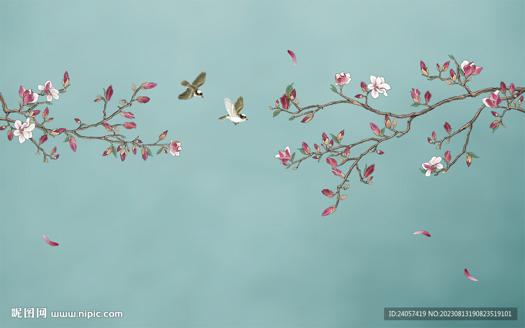 新中式手绘花鸟玉兰背景墙装饰画