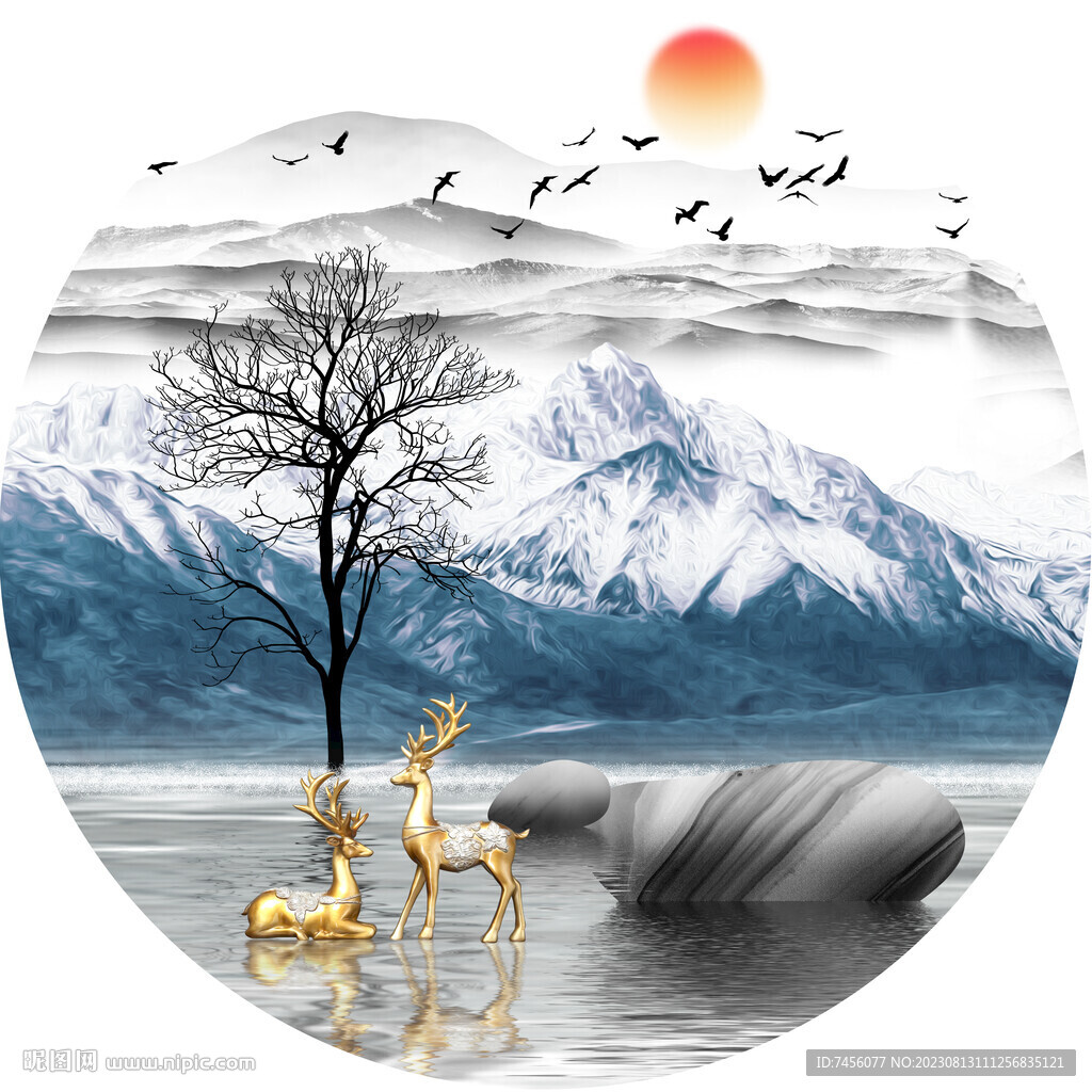 金色麋鹿湖畔圆形挂画装饰画