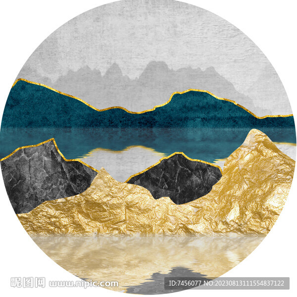 湖畔山脉水墨圆形挂画装饰画