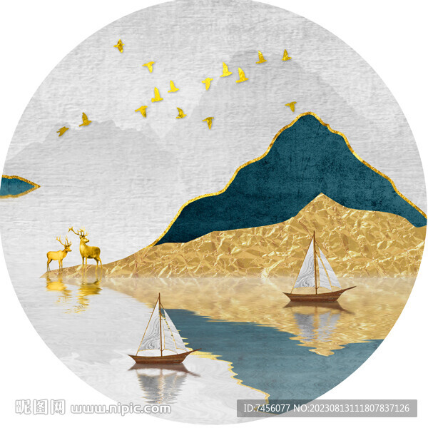 湖畔帆船唯美风景画圆形挂画