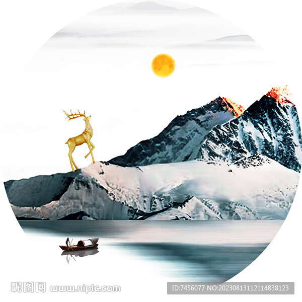 麋鹿山脉湖畔圆形挂画装饰画