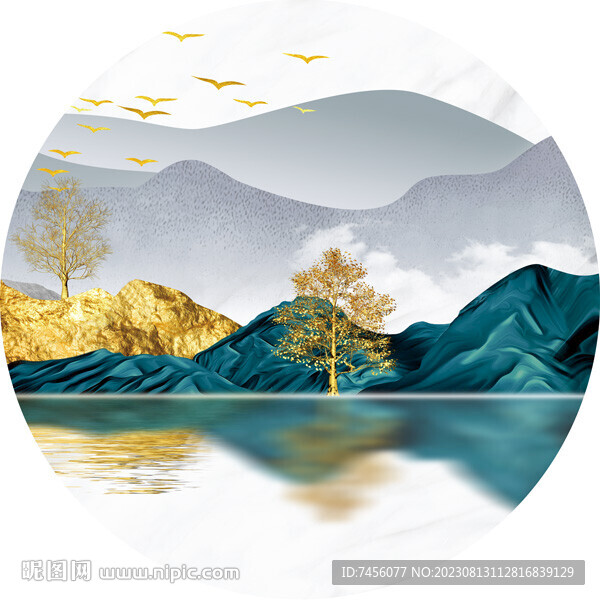 新中式湖畔美景圆形挂画装饰画