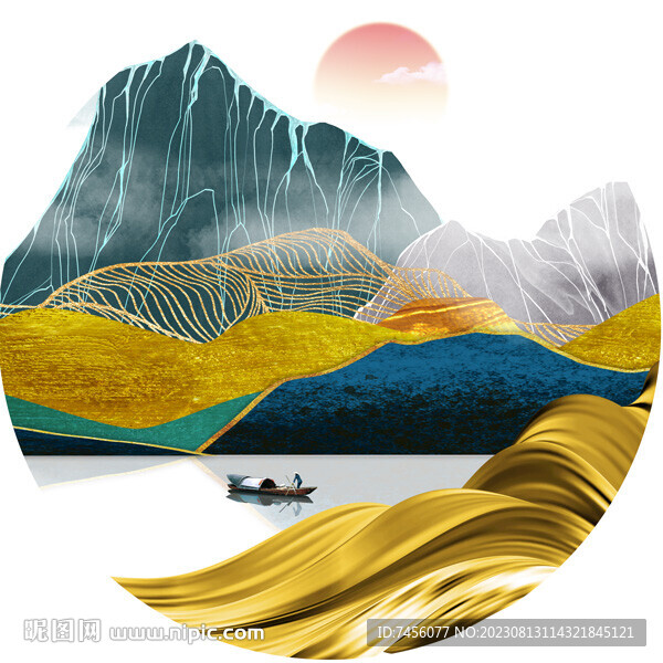 水彩山脉湖畔圆形挂画装饰画