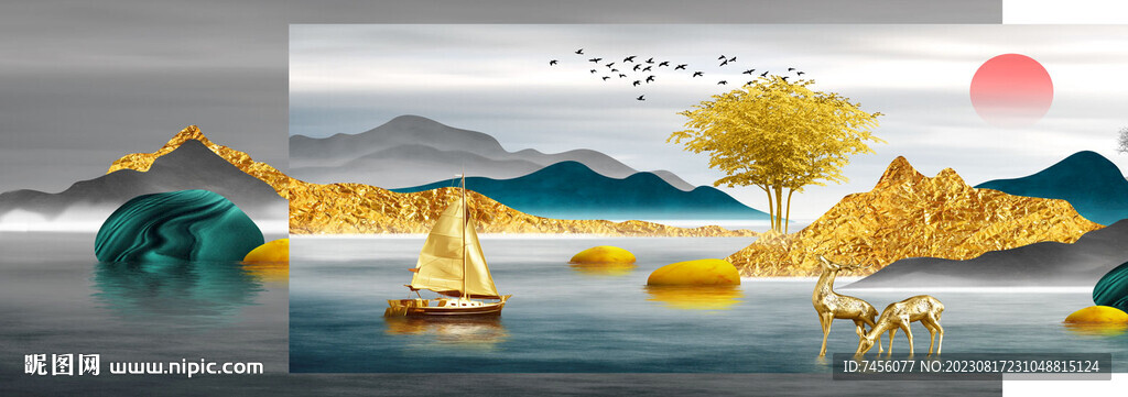 湖畔帆船唯美组合挂画装饰画