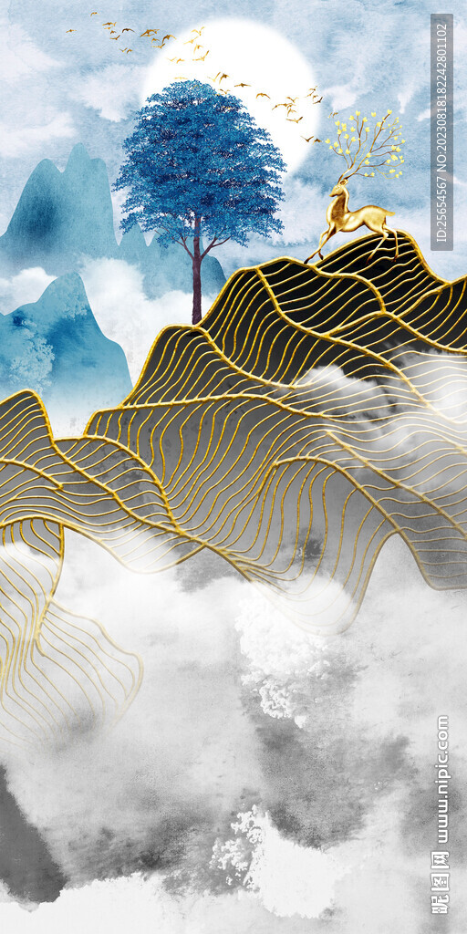 新中式抽象麋鹿山水玄关