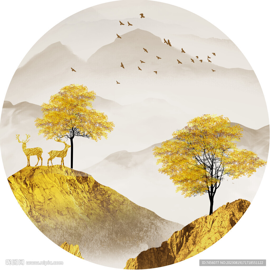 中式金色山脉发财树圆形挂画装饰