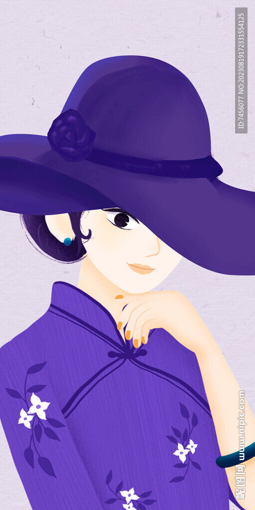 紫色帽子美女艺术挂画装饰画