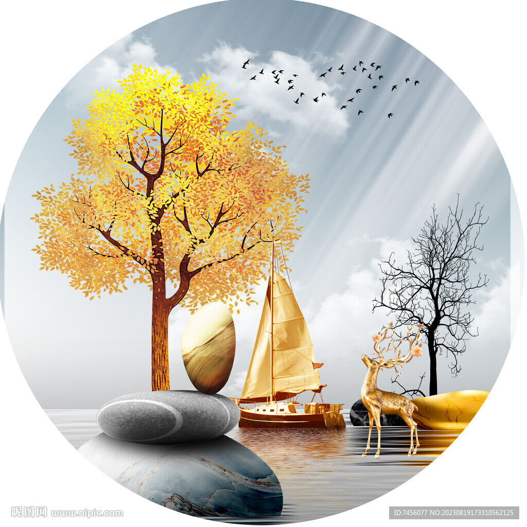 湖泊金色帆船圆形挂画装饰画
