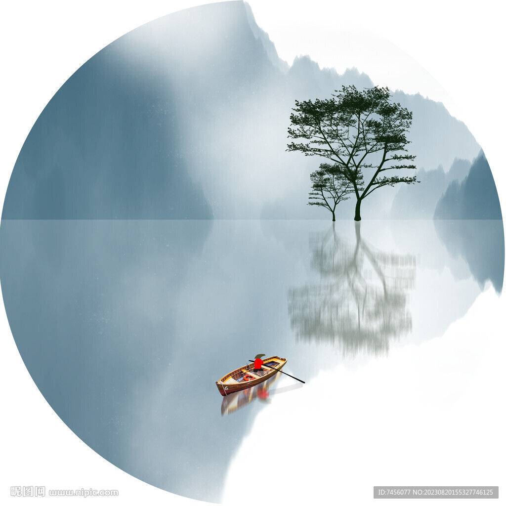 水墨湖畔水彩树圆形挂画装饰画
