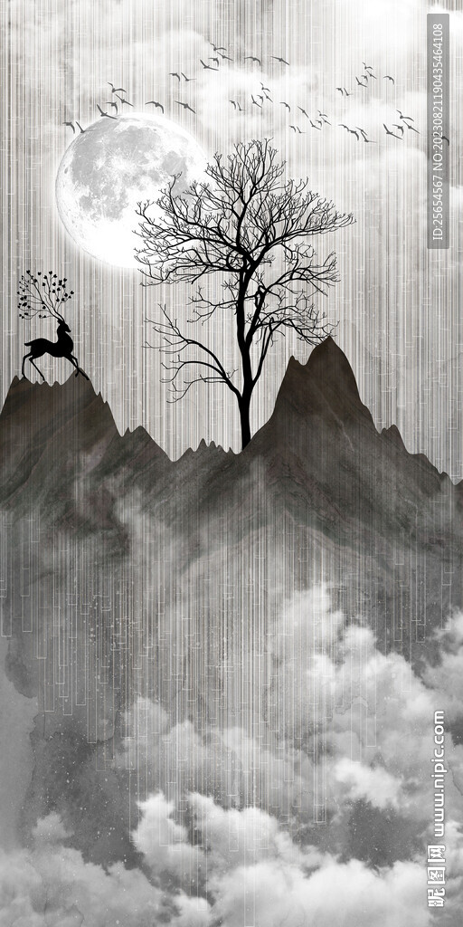 北欧风抽象森林麋鹿玄关装饰画