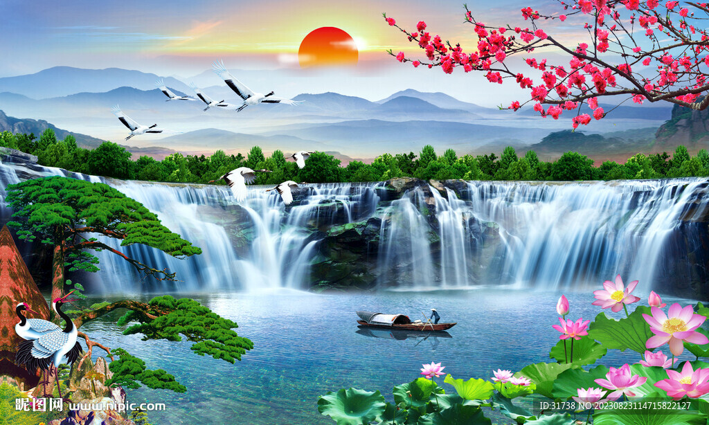 山水画瀑布迎客松