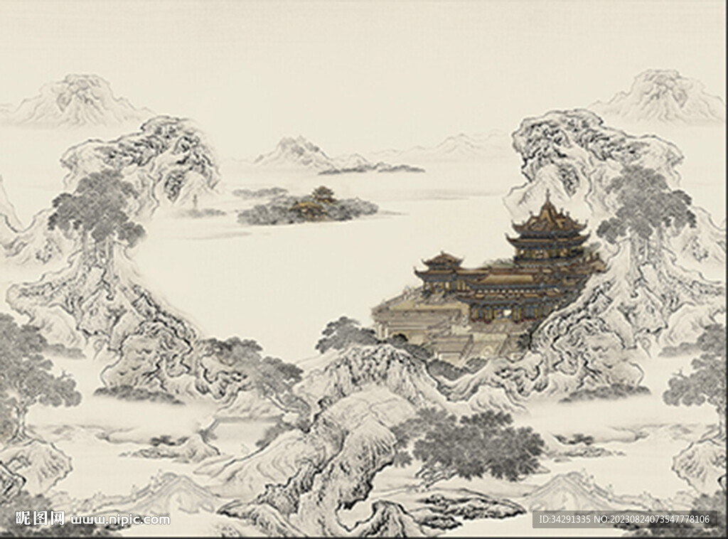 国画山水中式电视背景墙