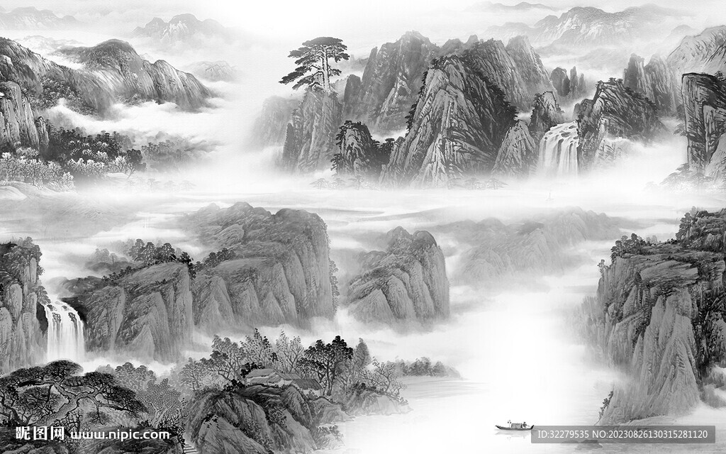 高清 灰色山水 Tif分层