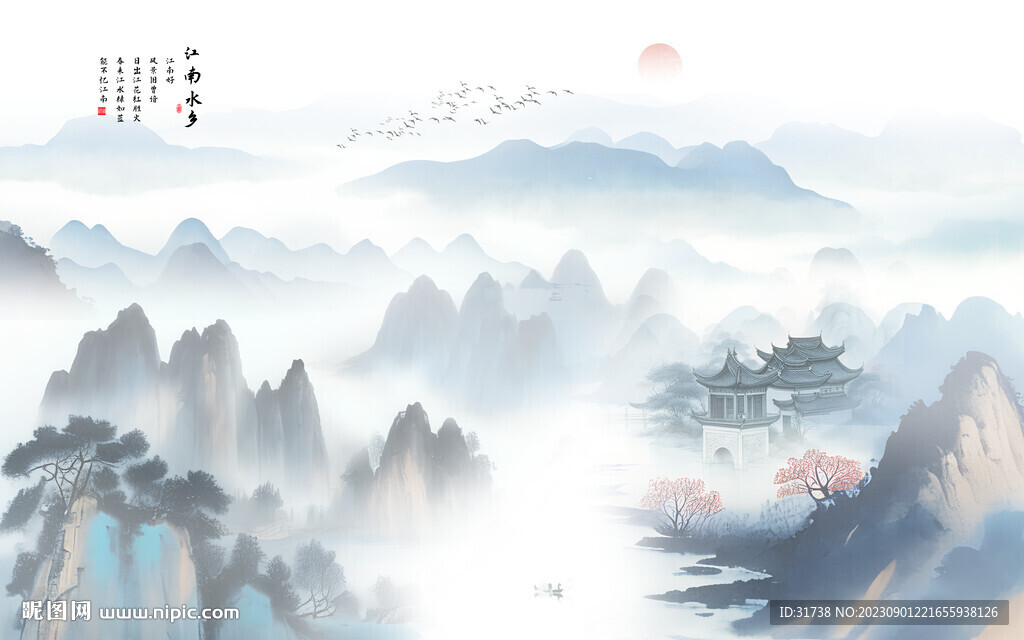 水墨江南水乡背景墙图