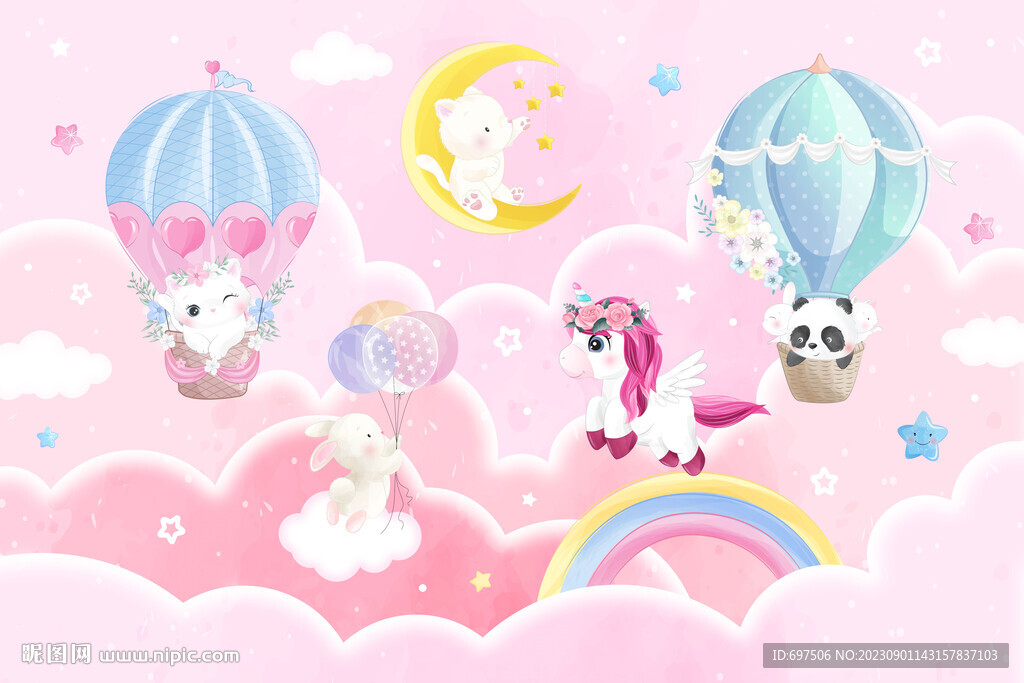梦幻粉色卡通热气球动物儿童背景